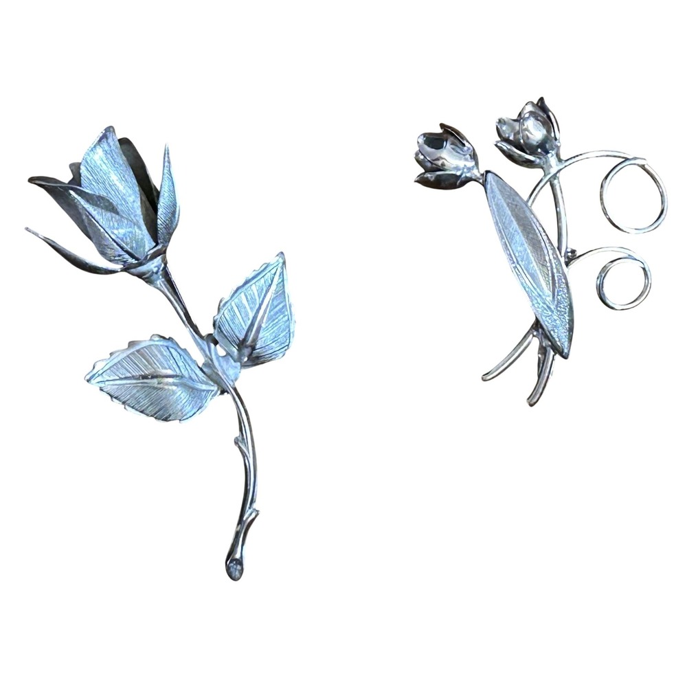 Two Vintage Silver Toned Rose Brooches - Single Rose Double Rose Giovanni